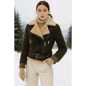 GF Ferre Gianfranco Chocolate Brown Leather Bomber Jacket Shearling 24/38 XS